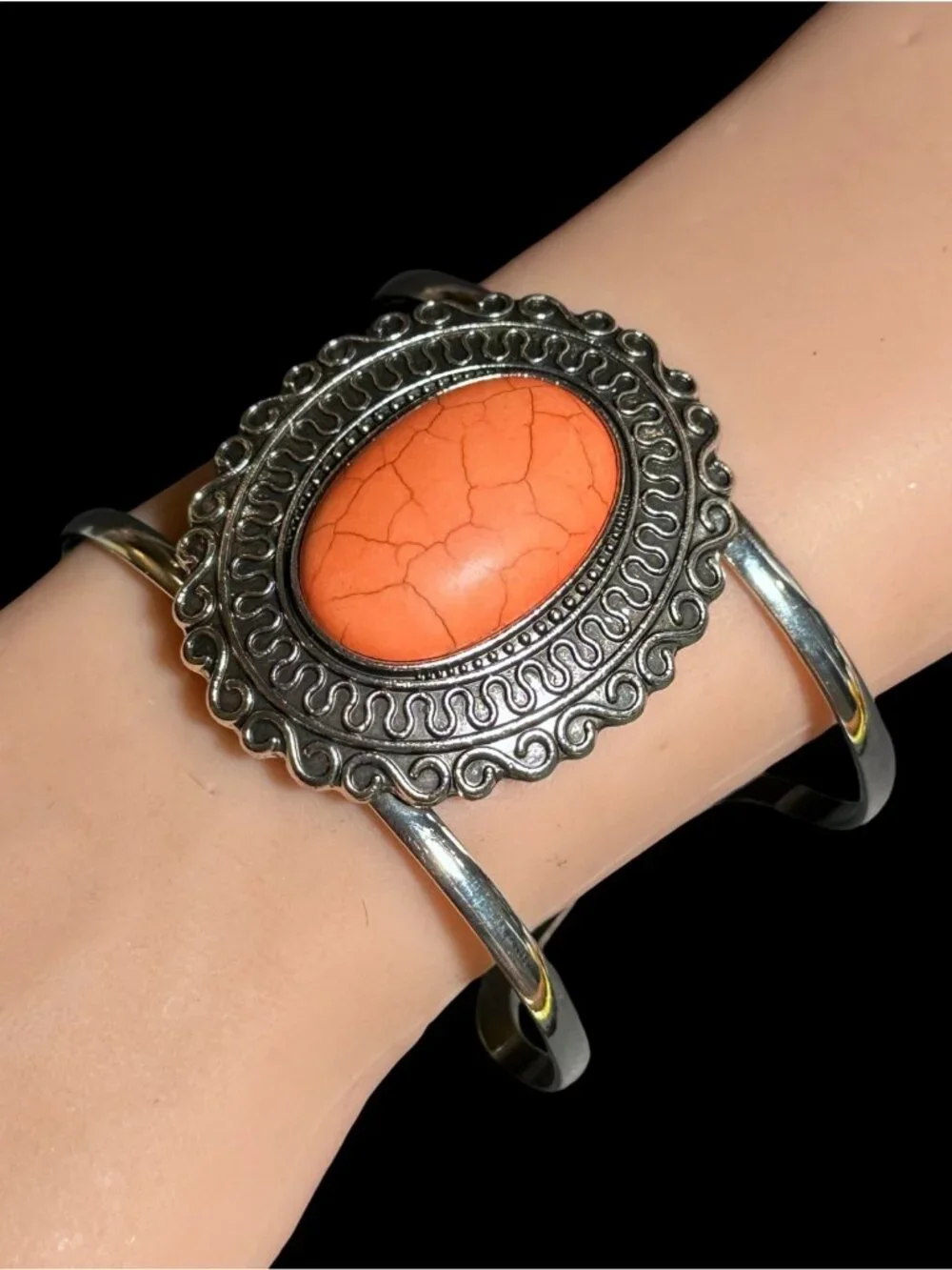 Cuff Bracelet Southwest Boho Style Silver Tone Orange Peach Center Womens NWOT